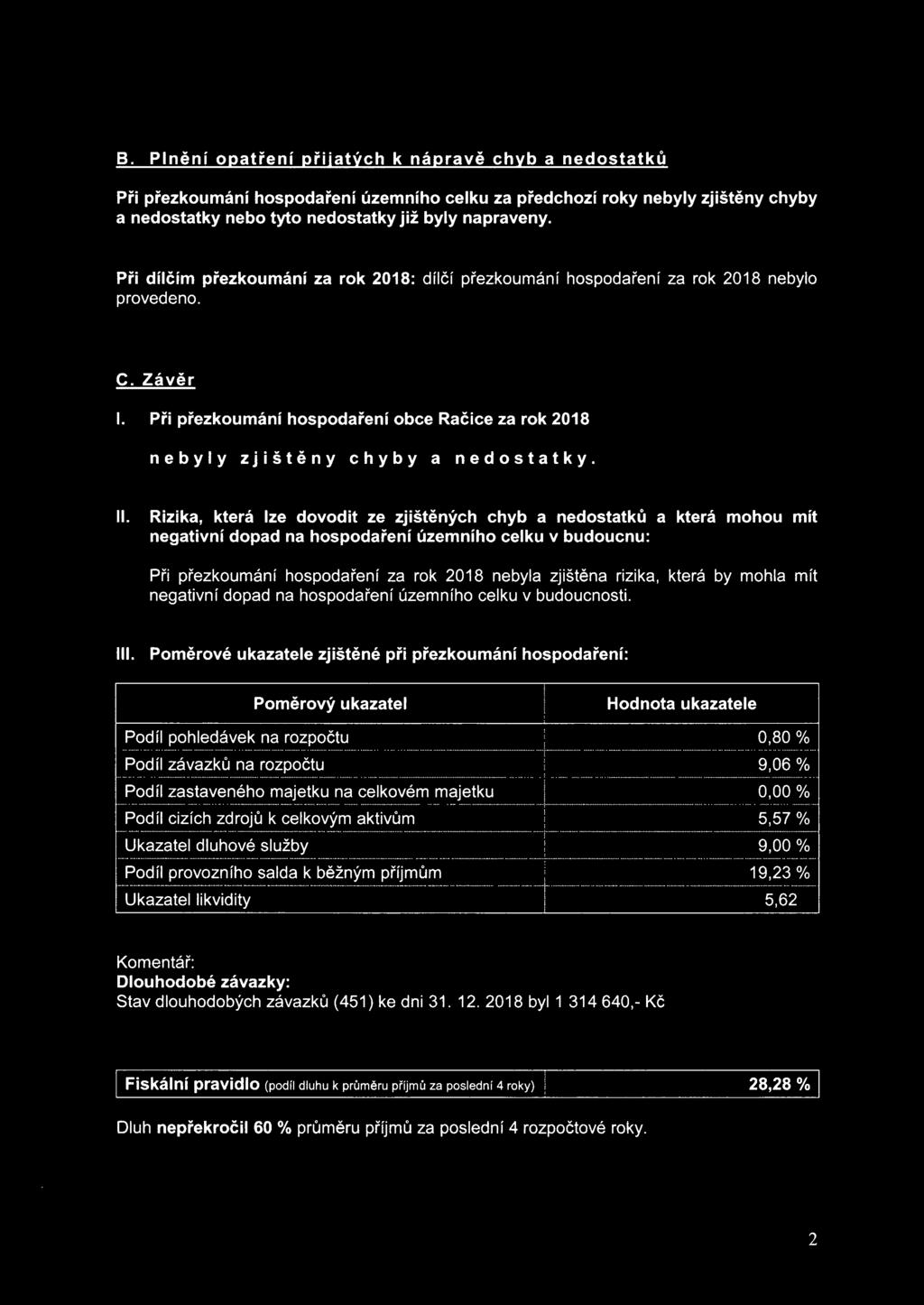 Rizika, která lze dovodit ze zjištěných chyb a nedostatků a která mohou mít negativní dopad na hospodaření územního celku v budoucnu: Při přezkoumání hospodaření za rok 2018 nebyla zjištěna rizika,