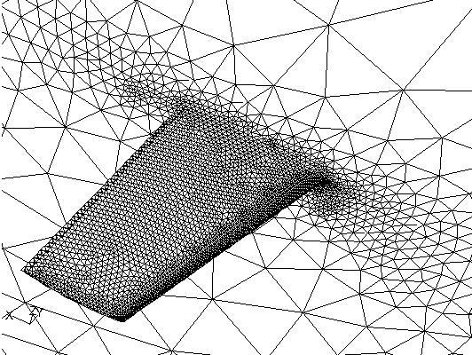 Obrázek 3 : Detail povrchové sítě křídla ONERA M6 při M =0.84 (izotropická síť) stěnami je větší než daná konstanta, uzel leží na singulární hraně.