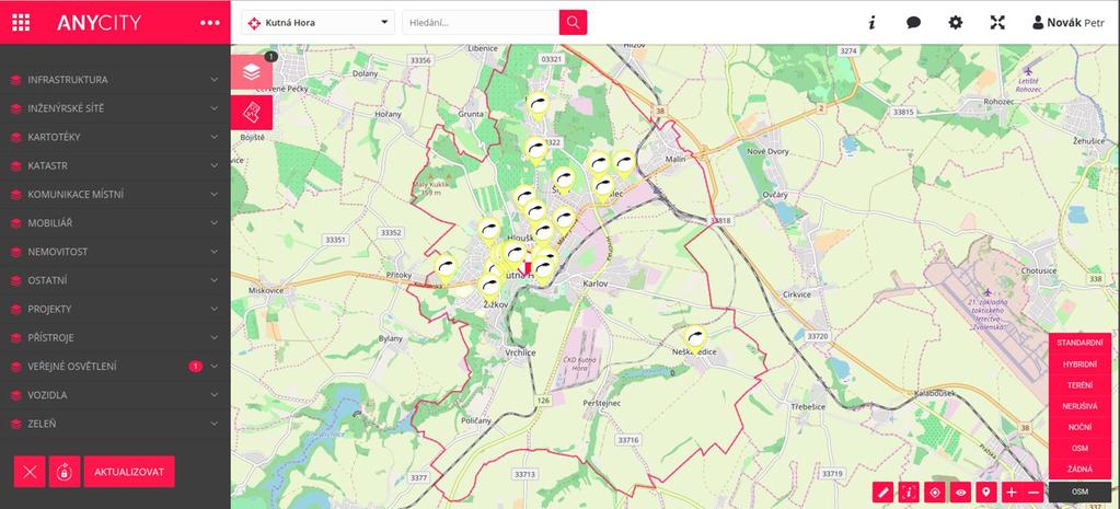 AnyCity - provozní GIS Volba subjektu. Vyhledávání. Informace, nastavení a profil.