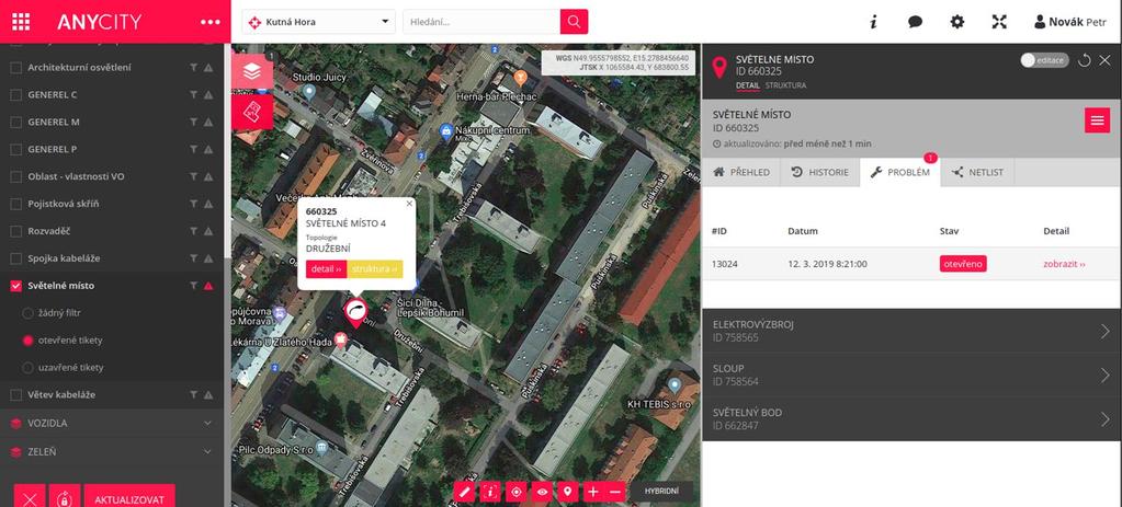 AnyCity Další záložky s informacemi k objektu - historie změn, poruch a vazeb. Uživatel si může filtrovat zájmové objekty, které mají otevřený tiket.