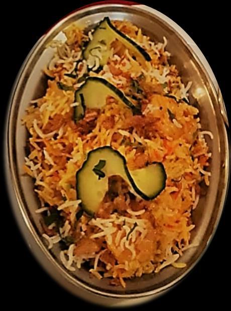 RÝŽOVÉ SPECIALITY (250 g) Speciálně osmažená Basmati rýže s indickým kořením, podávaná s raitou Míra pálivosti dle přání Chicken Biryani (7, 12) 160 Kč Osmažená rýže Basmati vařená s kuřecím masem,