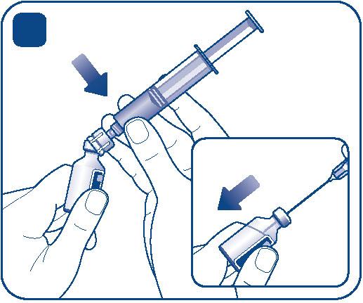 Vytažením pístu natáhněte rozpouštědlo do injekční stříkačky. D E Odstraňte prázdnou injekční lahvičku, ze které jste vytáhli rozpouštědlo.
