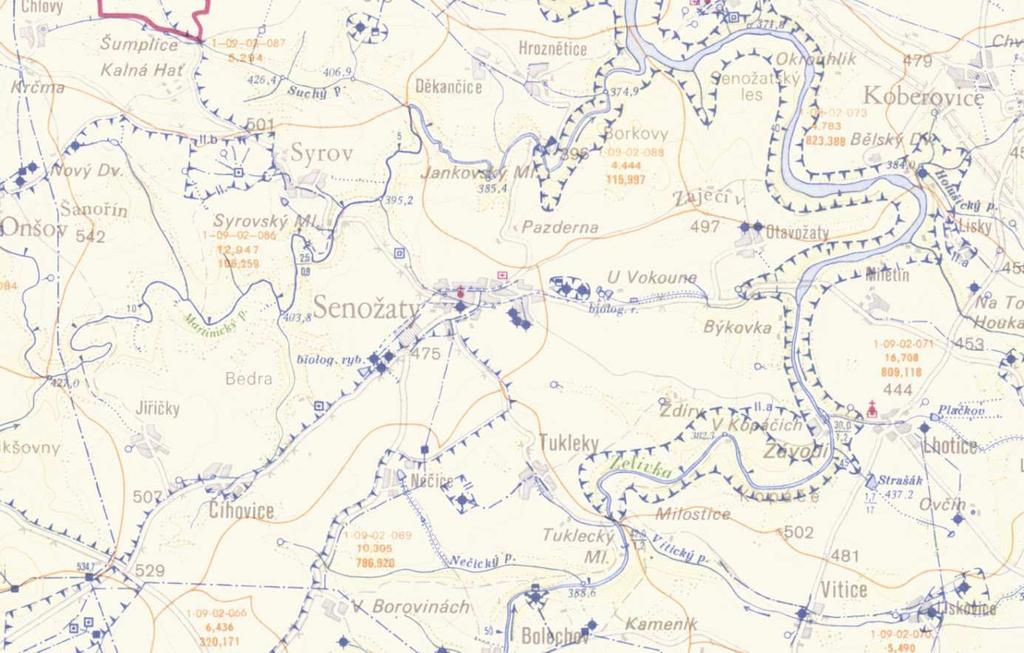 Výřez ze základní vodohospodářské mapy 2312 Ledeč nad Sázavou (mapa bez měřítka) Při zpracování územního plánu byly respektovány podmínky ochrany ZPF, vyplývající ze zákona ČNR č. 334/1992Sb.