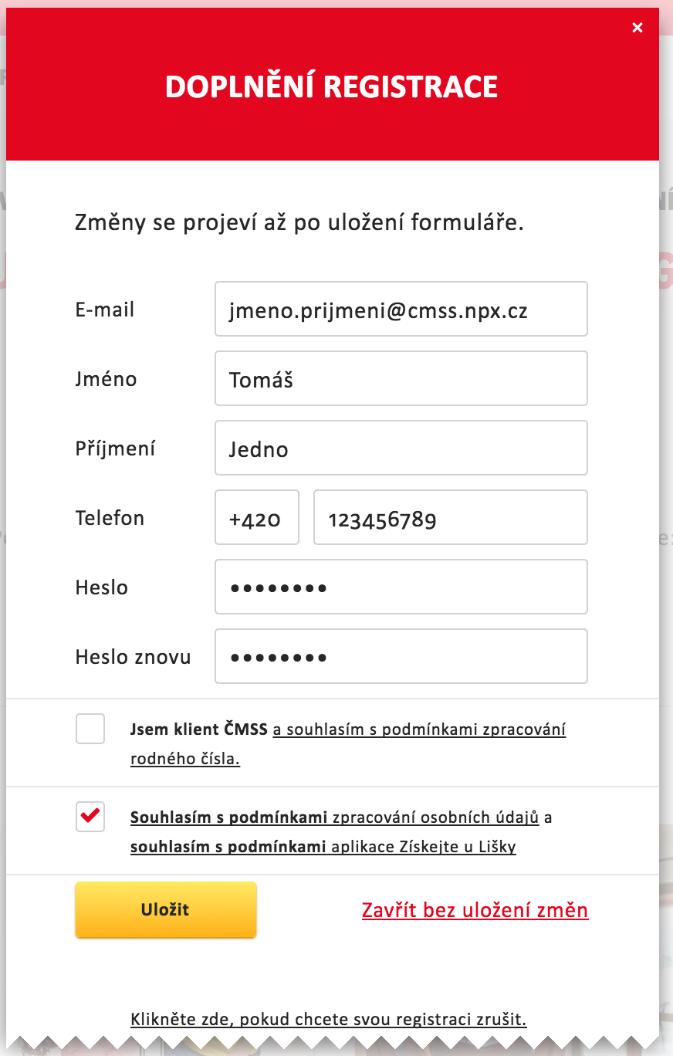 První přihlášení V registračním formuláři vyplníte chybějící údaje, zaškrtnete souhlas se zpracováním údajů, podmínkami užívání a kliknete na Uložit.
