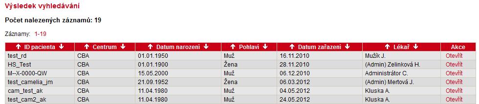 obr. 6). Poznámka č. 5: Řazení výsledků vyhledávání Výsledky vyhledávání pacientů (viz obr.