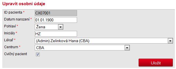 V této části také lze editovat (upravovat) všechny osobní údaje o pacientovi (vyjma ID pacienta, které může upravit pouze pracovník zákaznické podpory HelpDesk IBA MU) po kliknutí na tlačítko Upravit