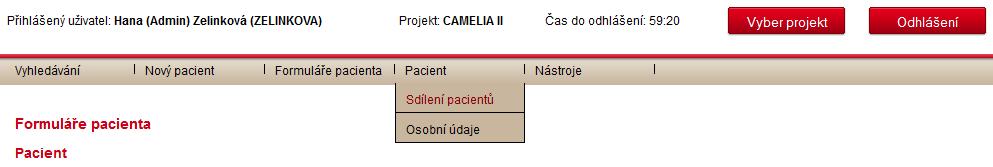 Camelia: Příručka pro uživatele 9 Sdílení pacienta Lékaři v rámci jednoho centra sdílejí pacienty automaticky, tedy není nutné využívat jakékoliv nástroje k zobrazení/editování pacientů, které