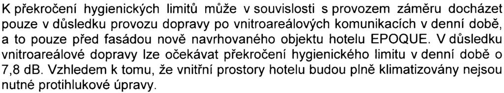 K pøekroèení hygienických limitù mùže v souvislosti s provozem zámìru docházet pouze v dùsledku provozu dopravy po vnitroareálových komunikacích v denní dobì, a to pouze pøed fasádou novì