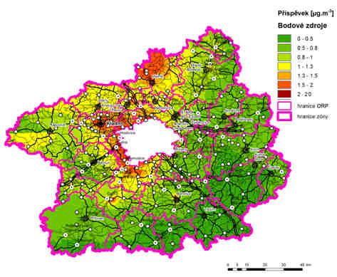 Obrázek 46: Příspěvek skupiny Vyjmenovaných zdrojů (Bodové zdroje) k průměrné roční koncentraci NO2, stav roku 2011, zóna CZ02 Střední Čechy C.5.