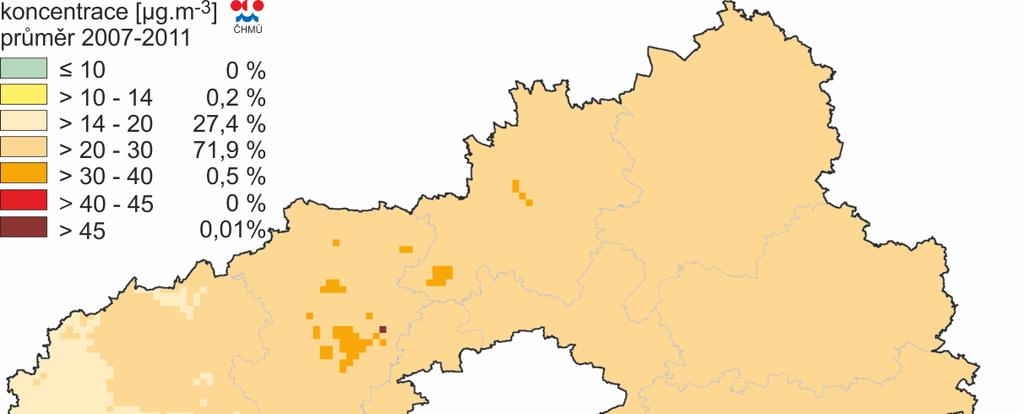 Obrázek 13: Pole průměrné roční koncentrace PM10, zóna CZ02 Střední Čechy, rok 2011 Zdroj dat: ČHMÚ Obrázek 14: Pole průměrné roční koncentrace
