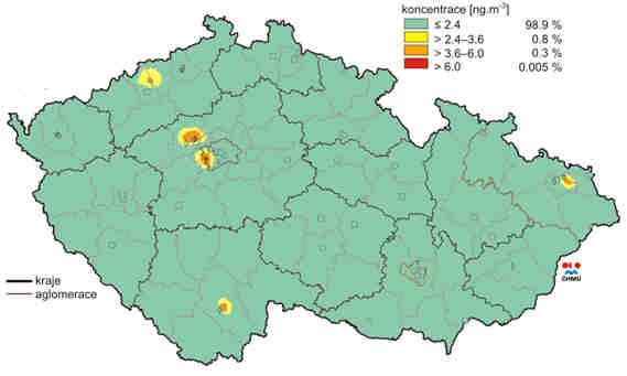 Obrázek 34: Pole průměrné roční koncentrace arsenu, Česká republika,
