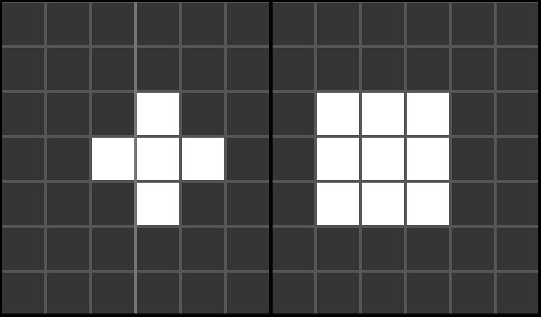 Obr. 2.1 Moorovo okolí (vpravo) a von Neumannovo okolí (vlevo). 2.3 Trojrozměrné celulární automaty 3D celulární automaty používají okolí odpovídající von Neumannovu a Moorovu okolí, tam však mají 7 resp.
