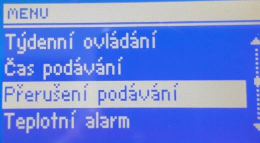 Hnědé uhlí cca 18-20s, Černé uhlí cca 10-13s, Pelety 25 až 35s přestávka v práci podavače (přerušení podávání) Pomocí této funkce stanovujeme dobu přestávky v práci podavače paliva, která musí