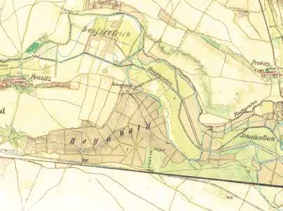 Obr. 3. Zaniklé rybníky v povodí Jevišovky u obcí Božice a Pravice (1841) (zdroj: VÚKOZ, v. v. i.