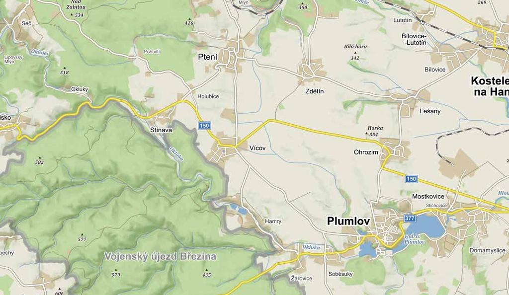 2 3 Plumlovsko Pohled na kostel sv. Kříže Kamenný kříž z r. 1900 u kostela Kaple Panny Marie a sv. Cyrila a Metoděje 0 0,5 1 1,5 km Vesnice Stínava leží v malebné krajině nad údolím říčky Okluky.
