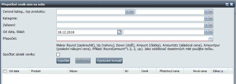 Produkty Přepočet prodejních cen produktů Do přepočtu prodejních cen byl doplněn filtr dle typu produktu