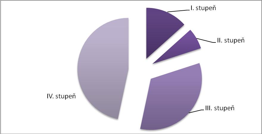 Tabulka a graf č. 5 Stupně závislosti klientů na pomoci jiné osoby k 31. 12. 2016 Stupeň závislosti Počet klientů I. stupeň závislosti 4 II. stupeň závislosti 2 III. stupeň závislosti 10 IV.