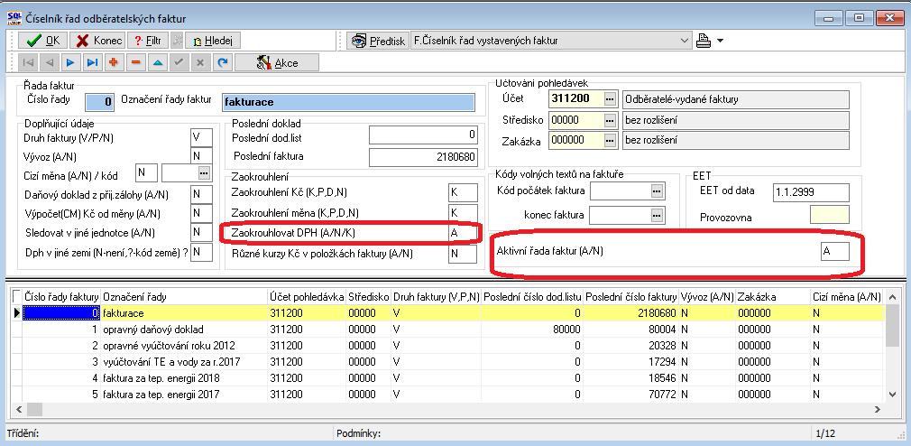 Vydané faktury Řady faktur aktivní (A/N) V řadách vydaných faktur můžeme nově nastavit parametr Aktivní (A/N).