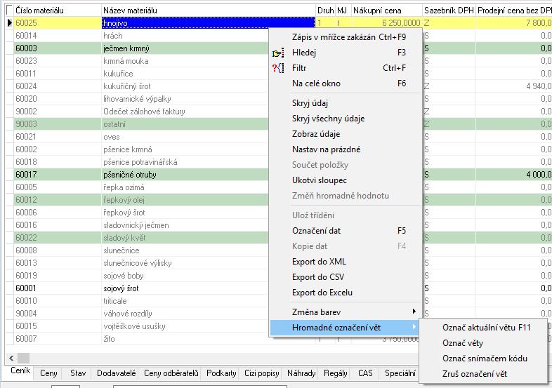 Označování položek v ceníku V ceníku materiálu je možné nyní provádět ruční označování položek podobně, jako to již nějakou dobu existuje v číselníku firem. Označování je možné několika způsoby.