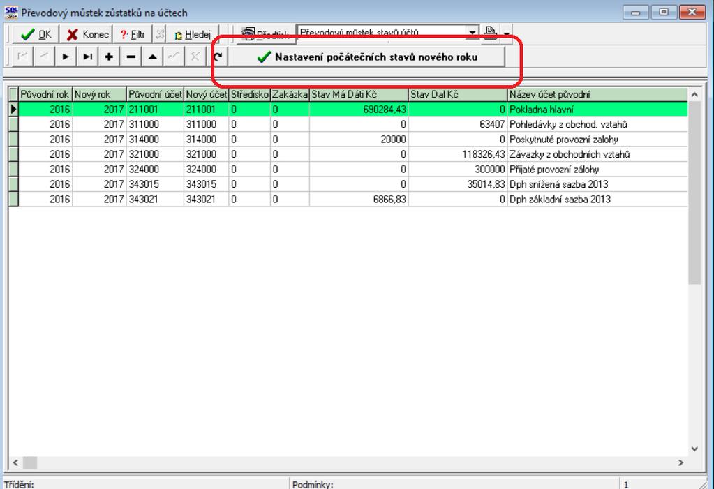 Obrázek: Nastavení nových počátečních stavů účtů 3) Uzavření účtů.