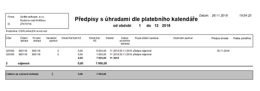 Obrázek: Sestava předpisů úhrad s platbami v platebním kalendáři Rozšíření funkce prvotní doklad V rámci obratů na účtech v účetnictví jsme rozšířili funkci Prvotní doklad o zobrazení majetkové karty