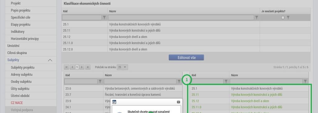 B. Odstranění nežádoucího CZ-NACE V případě, že nastane situace, kdy se Vám přesune více CZ-NACE na pravou stranu, než jste