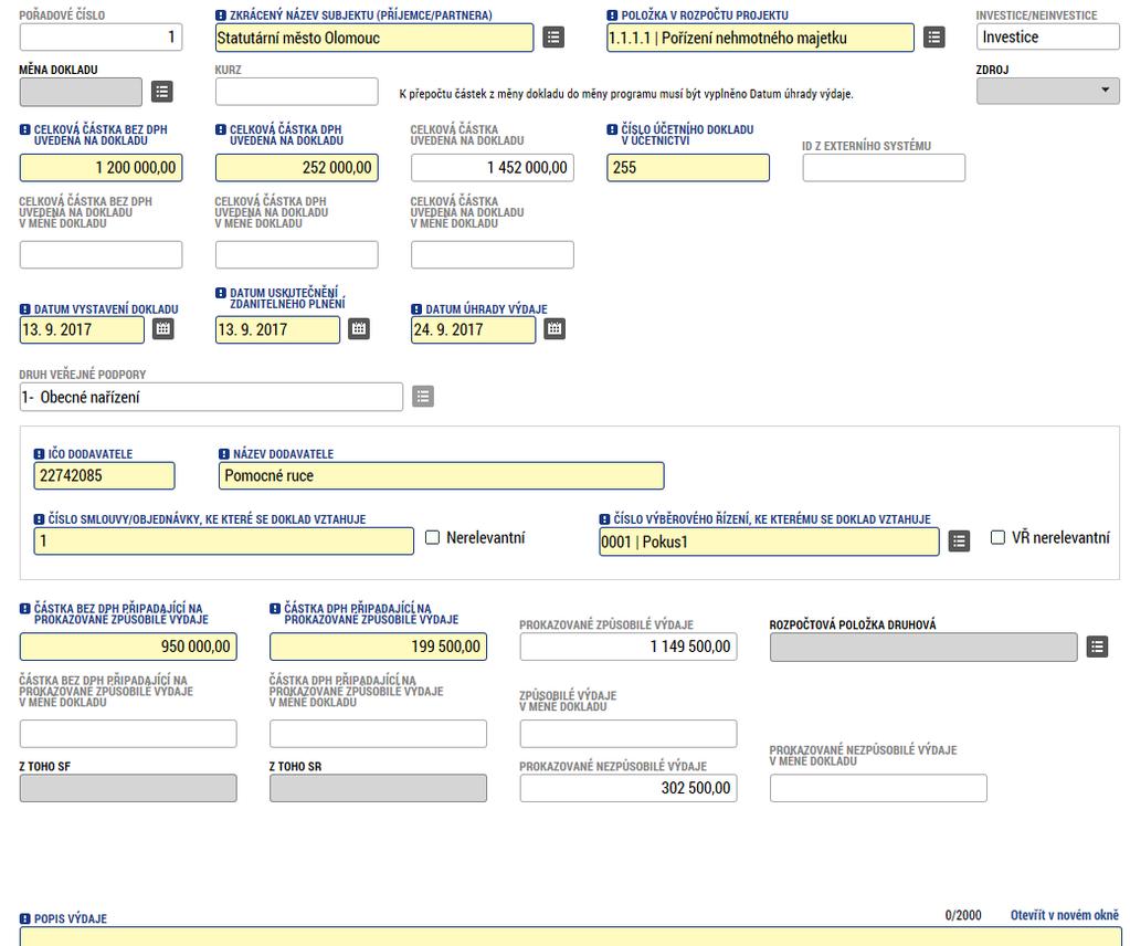 SD-1 Účetní/Daňvé dklady (II.) Investice/Neinvestice se vyplňují dle navázání na plžku rzpčtu. Celkvé částky se načítají autmaticky POZOR!