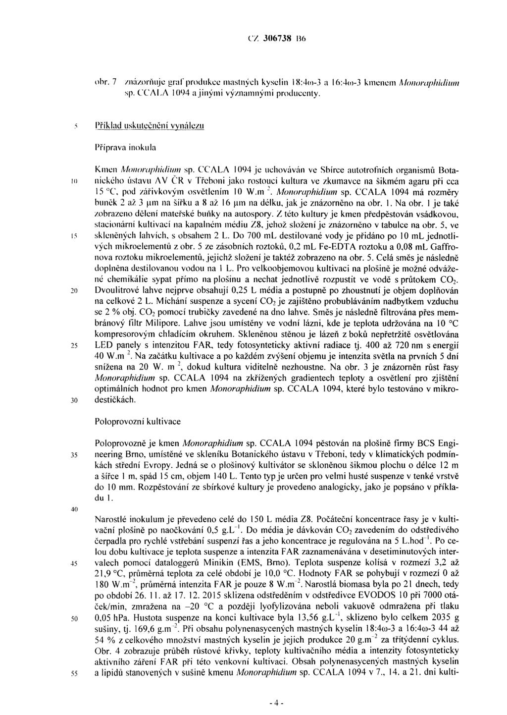 Document number: 306738; Page: 4 CZ JO(l738 B6 obr. 7 /11Úzorlíuje grať produkce mastných kyselin 18:401-J a 16:401-J kmenem Mo11orapliidiu111 sp. CC;\ Li\ I 094 aj inými významnými producenty.