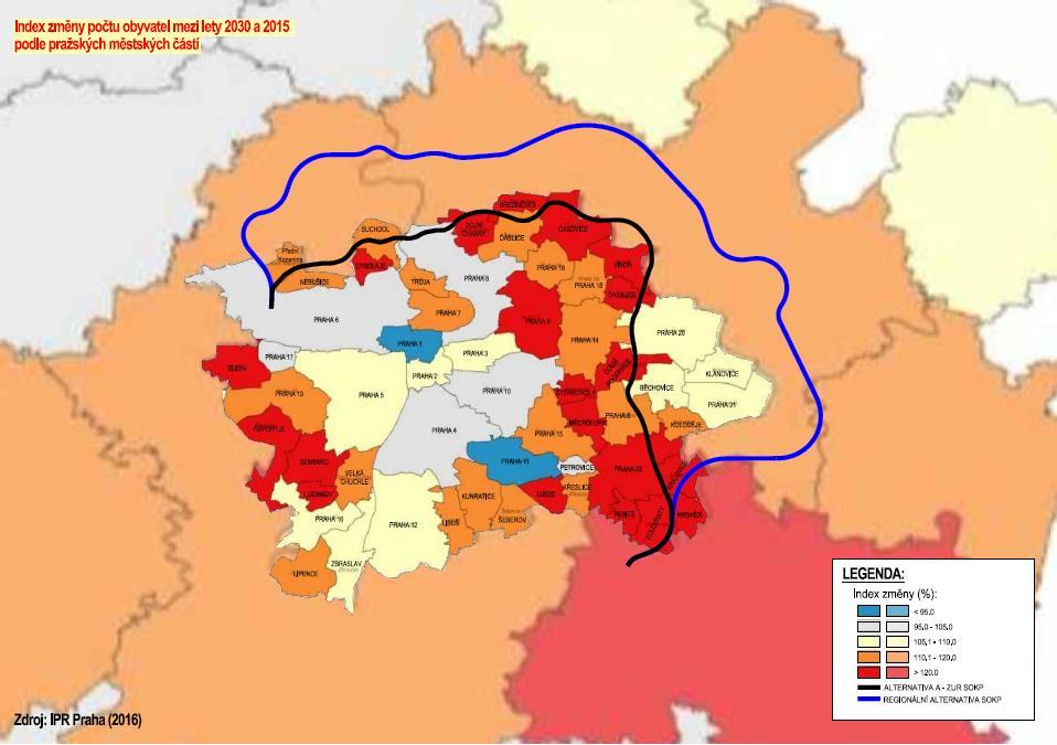 Index změny počtu obyvatel Prahy 2015-2030 Trasa A-ZÚR je