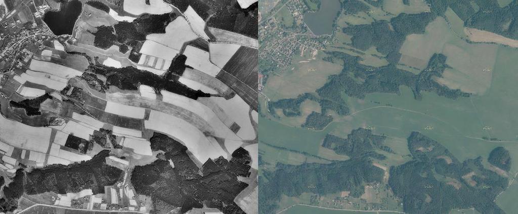 Obrázek č. 1: Rozdíl v diferenciaci kultur v Jablonném v Podještědí mezi 50. lety a současností Krajina je v územním plánu členěna na plochy s rozdílným způsobem využití vyjmenované v kapitole 10.1.4.