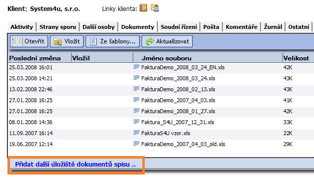 Pro každý jednotlivý spis toto můžete využít na formuláři (kartě) spisu na záložce Dokumenty.