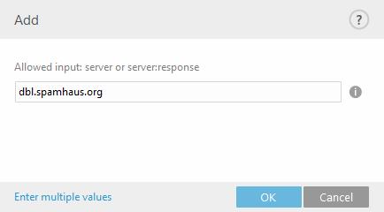 DNSBL servery zadávejte jako název domény (například dbl.spamhaus.org). Při tomto způsobu zápisu budou akceptovány všechny návratové hodnoty.