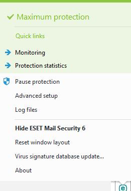 7.7.6 Ikona v oznamovací oblasti Slouží jako rychlý přístup k často používaným položkám a funkcím služby ESET Mail Security.