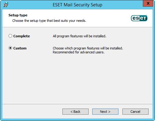 Po vybrání této možnosti si můžete vybrat funkce a komponenty ESET Mail Security, které chcete nainstalovat. Seznam dostupných modulů a funkcí se zobrazí před zahájením instalace.