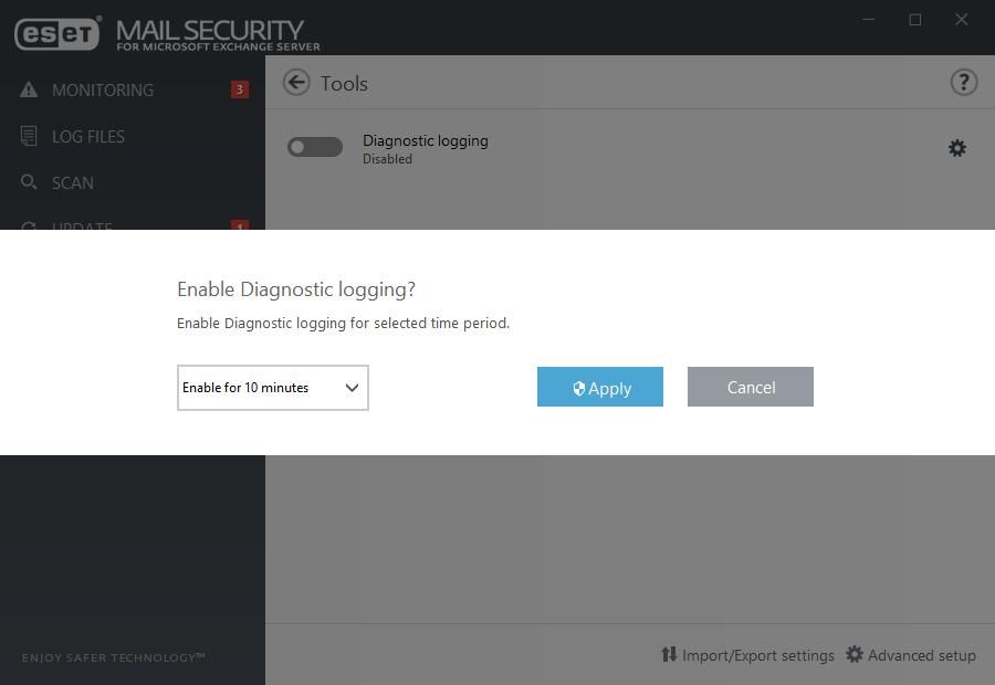 5.5.5 Nástroje diagnostické protokolování Diagnostické protokoly poskytují detailní informace o běhu jednotlivých součástí ESET Mail Security a jsou užitečné při řešení potíží.