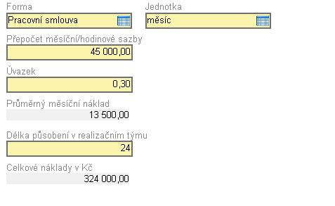 Příklady vyplnění realizačního týmu: Příklad 1) Forma Pracovní smlouva Úvazek 0,3 Sazba za měsíc 45 000,- Kč Celkem na projektu 24 měsíců Příklad 2) Forma DPČ Úvazek 240 hod/ projekt Sazba za