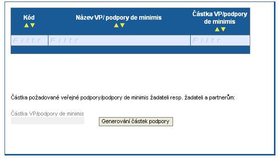 2. část záložky VP/podpora de minimis se generuje automaticky po vyplnění Rozpočtu projektu a zmáčknutím tlačítka Generování částek podpory.