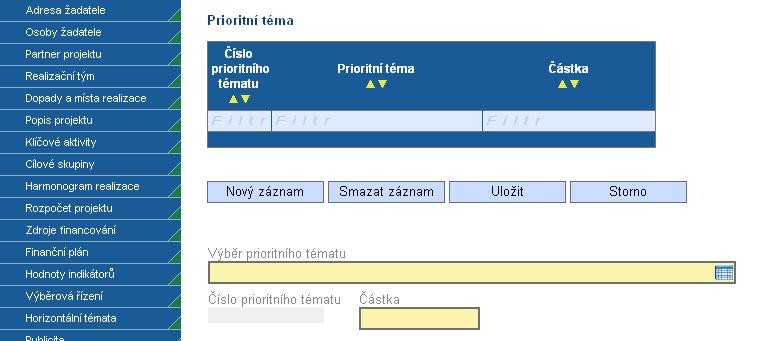 POZOR!!! Součet u všech částek v poli Částka zadaných kategorií se musí rovnat výši dotace požadované z EU záložka Zdroje financování, pole tato částka není shodná s celkovou výší dotace).