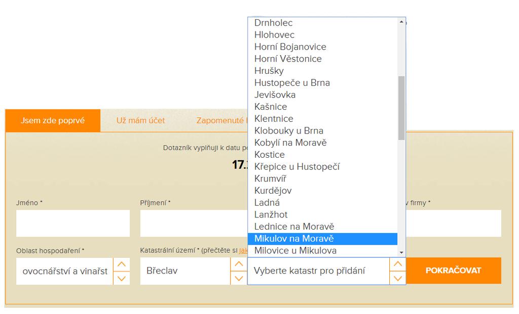 Jak zvolit KÚ, pro která vyplňuji dotazník?