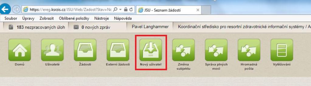 Pokud chceme přidat zcela nového uživatele a udělit mu přístup do Národního registru zdravotnických pracovníků, stiskneme ikonu Nový uživatel.