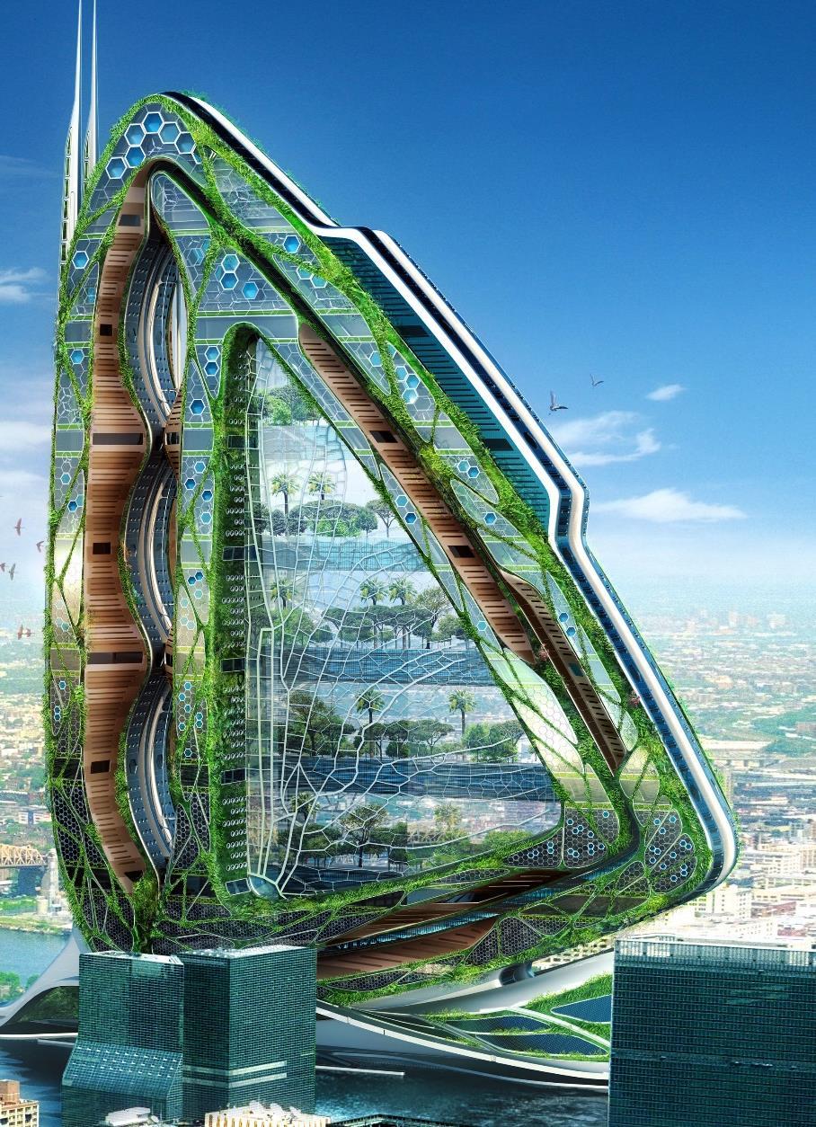 Zelená architektura Vize budoucnosti Zelené mrakodrapy. Takzvané vertikální zemědělství se v poslední době stává poměrně oblíbenou vizí originálních a pokrokových architektů jako je Vincent Callebaut.