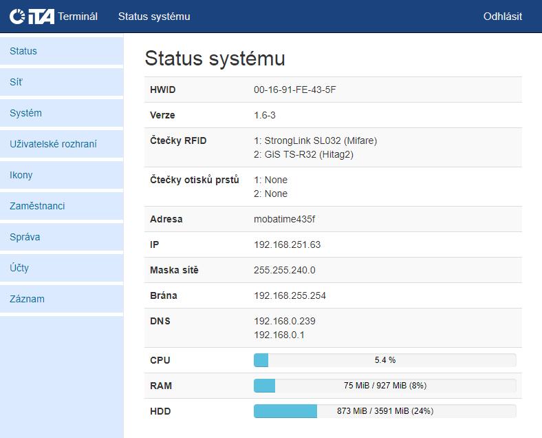 Přenos otisků na jiný terminál Otisky lze naučit na jednom terminálu a pak kompletně přenést na jiný terminál přes webové rozhraní (viz. kap. 4.3), po přihlášení jako administrátor, na záložce Správa.