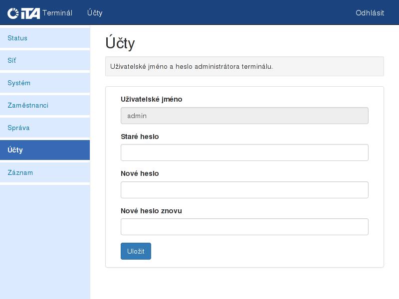 Účty nastavte uživatelské jméno a heslo pro vstup do webového rozhraní, tovární nastavení admin/mobatime nebo