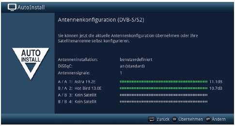 Konfigurace antény (DVB-S/S2) V tomto bodu asistenta instalace můžete přizpůsobit nastavení ke konfiguraci Vaší antény. > Chcete-li přijmout standardní nastavení antény, stiskněte tlačítko OK.
