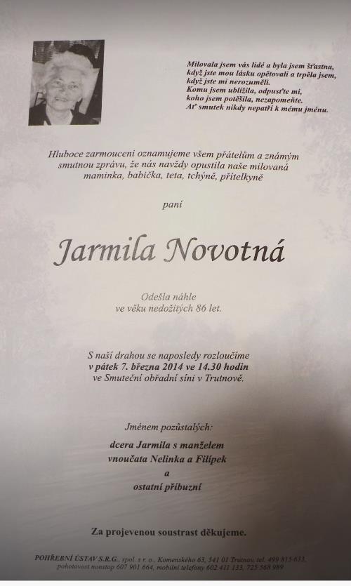 Opustila nás dlouholetá členka Jarmila Novotná 7.3.