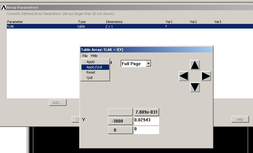 Obr. 5 - Definice tabulky TLAK *DIM,tlak,Table,2,1,0,y *set,tlak(1,0,1),-3000 *set,tlak(1,1,1),0.02943 *set,tlak(2,0,1),0 Tímto jsme vytvořili tabulku a můžeme zadat tlak (tabulku) na elementy.