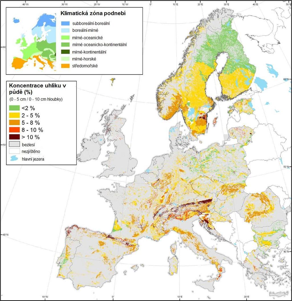 Obr. 9: Koncentrace uhlíku v půdách evropských lesů Zdroj: Baritz a kol. 20
