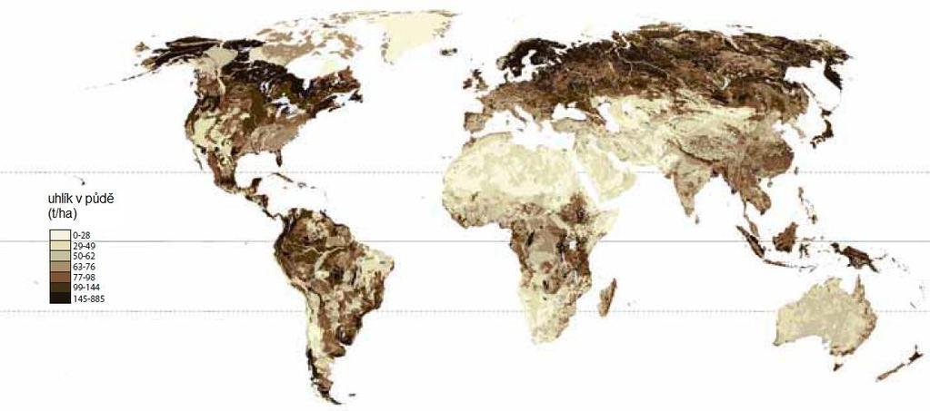Obr. 1: Organický uhlík v hloubce do 1 m Zdroj: UNEP 2012 2. Cyklus uhlíku Množství CO 2 v atmosféře se odvíjí od teploty oceánu a jeho schopnosti pohlcovat CO 2.