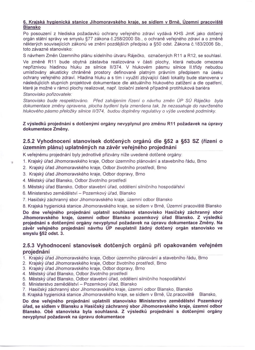 6. Krajská hygienická stanice Jihomoravského kraje, se sídlem v Brně, Územní pracoviště Blansko Po posouzení z hlediska požadavků ochrany veřejného zdraví vydává KHS JmK jako dotčený orgán státní