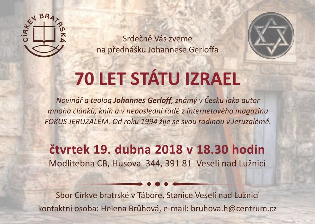 Pozvánka na přednášku Johannese Gerloffa 70 let státu Izrael 1. 4.